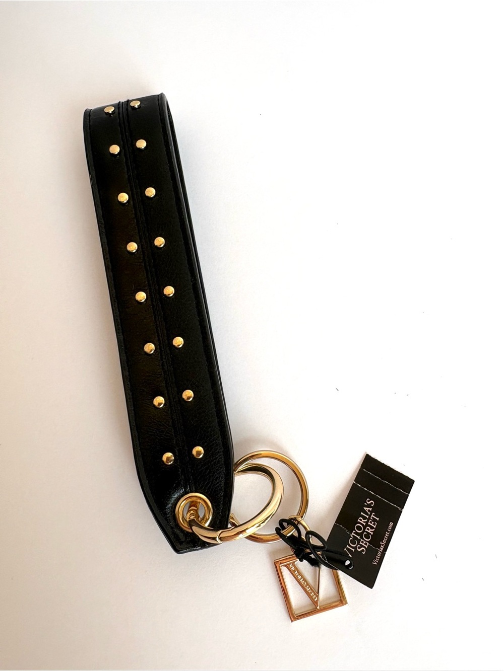 Victoria's Secret Black Studded Wristlet Key Chain with Gold Hardware